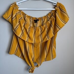 Urban Heritage Off the Shoulder Striped Tie Hem Ruffle Crop Top Mustard Large